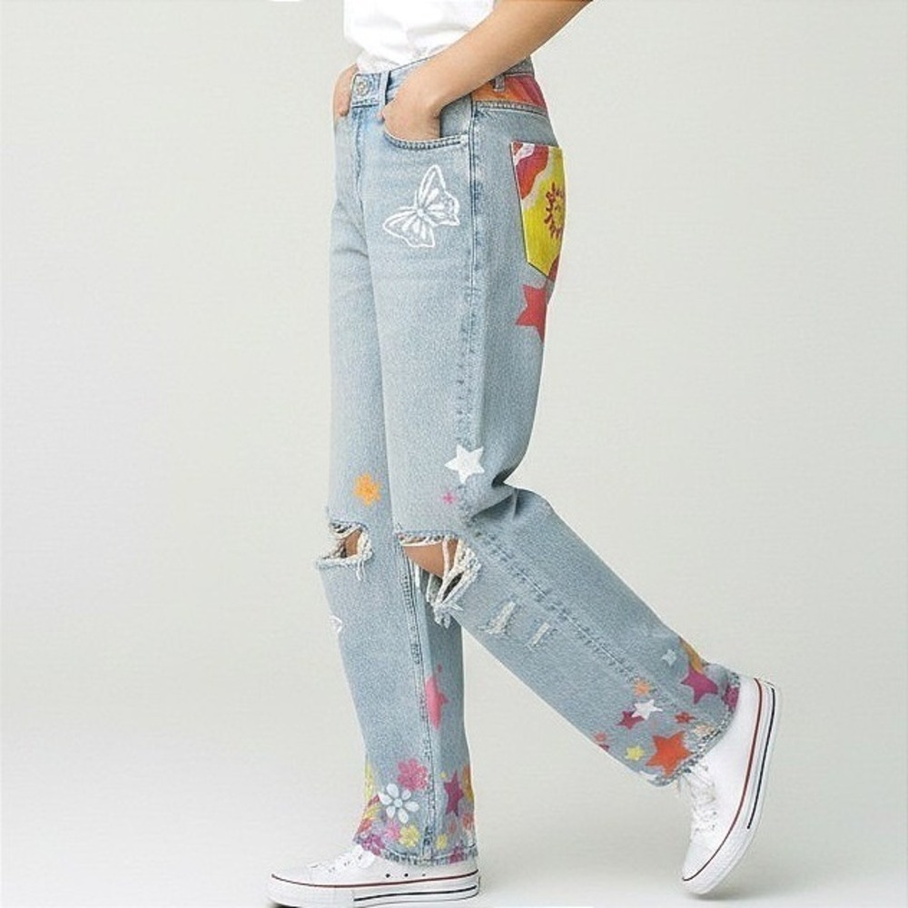 H&M Denim Hand Painted Distressed Jeans Light Wash High Waist Loose‎ Straight 2